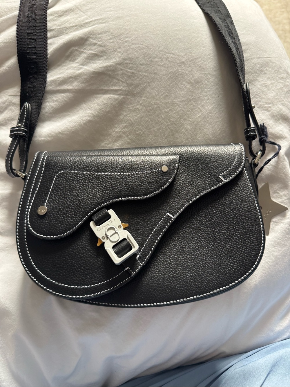 Dior Black Leather Crossbody Saddle Bag with Silver Buckle